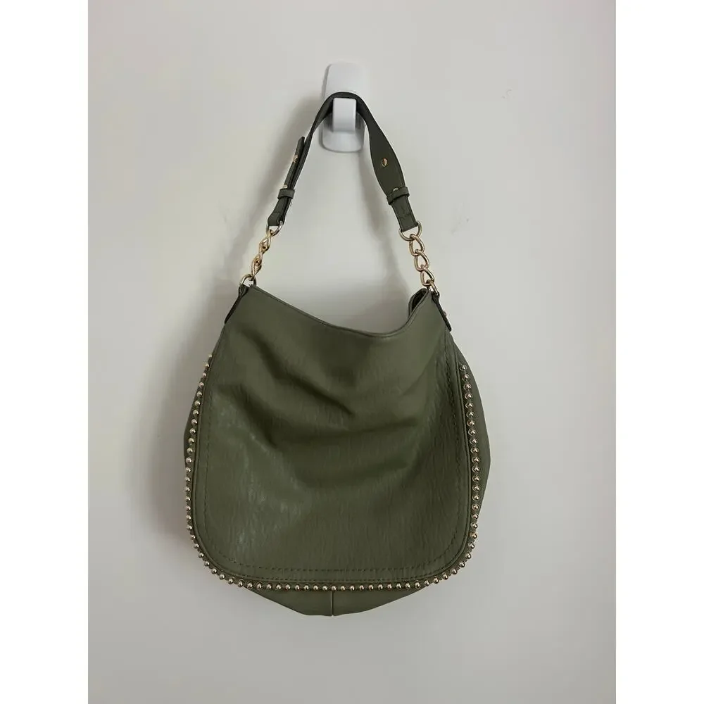 Jessica Simpson Camille Olive Studded Hobo Bag Gold Chain Detail